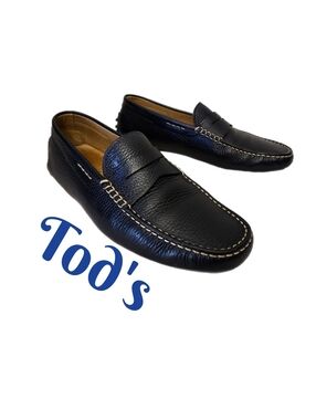 Tod's Men's Sz 6.5 Midnight Blue Pebbled Leather Penny Slip-On Driving Loafers